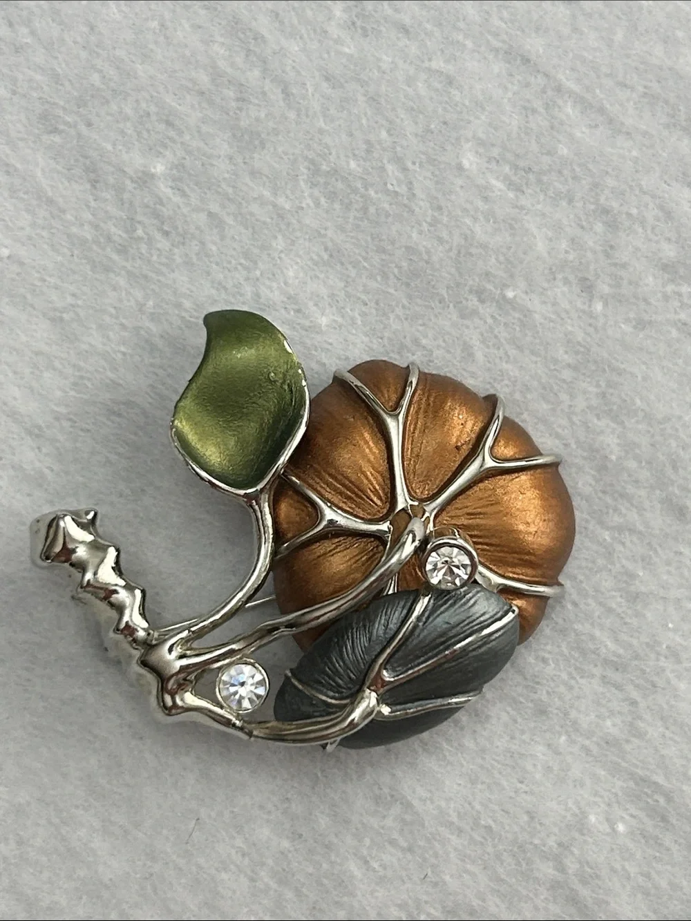 Pumpkin Leaf Brooch - Green and Bronze with Clear Rhinestone Accent